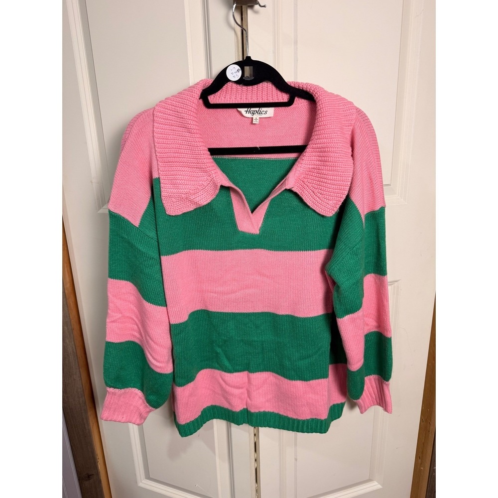 Haptics by Holly Harper Pink Green Striped Oversized Collar V-Neck Sweater Large